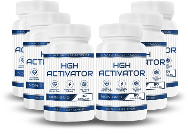 Six bottles of HGH Activator dietary supplement, each bottle labeled with claims such as Healthy & Vibrant Look, Have Vitality & Energy, and Feel Young Again